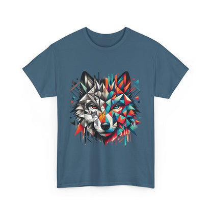Geometric Wolf Tee, Heavy Cotton T-Shirt, Wildlife Lover Apparel, Unique Nature Wear, Artistic Wolf Design Tee