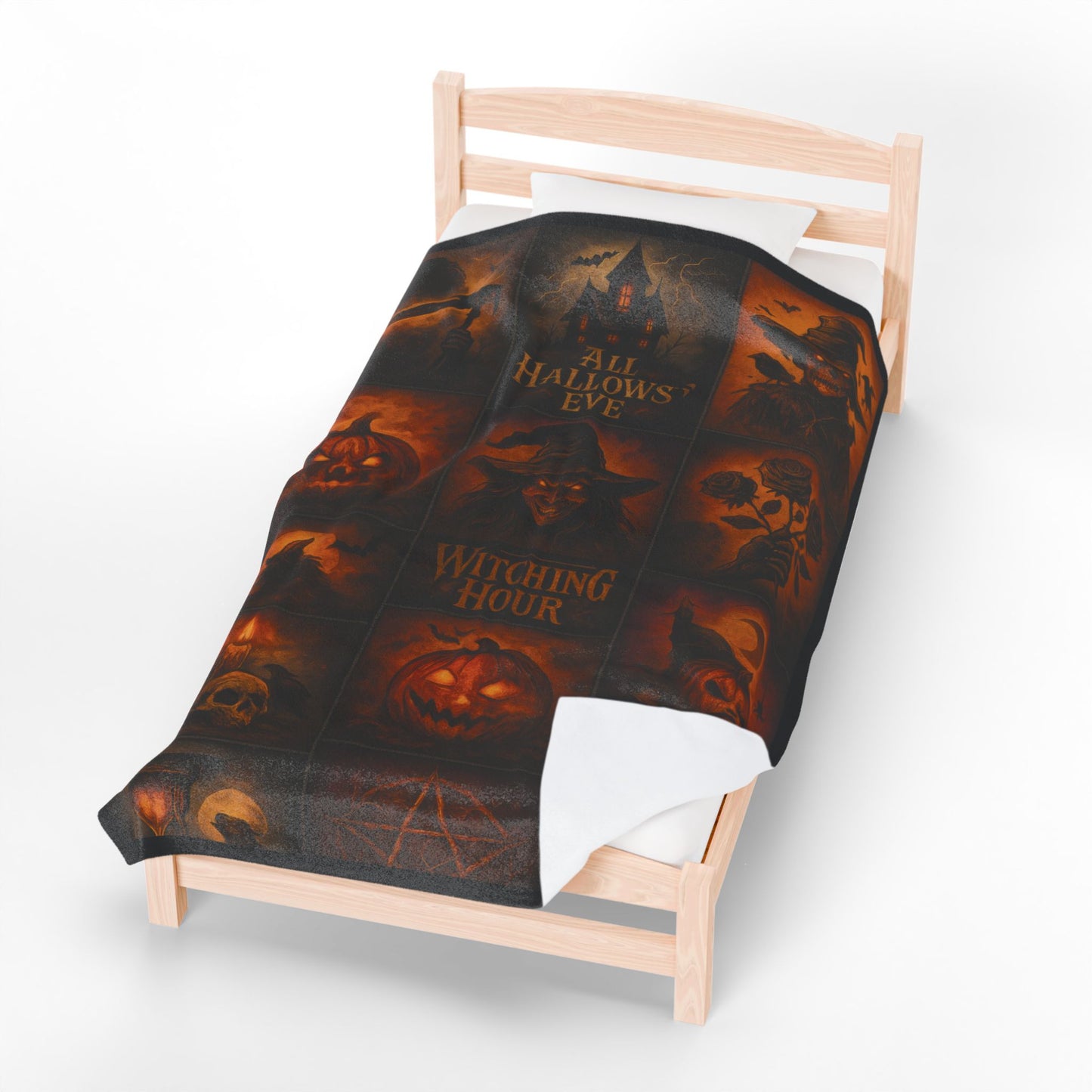 Gothic Halloween Velveteen Plush Blanket, Dark Fantasy Horror Throw, All Hallows Eve Witch Pumpkin Skull Blanket, Spooky Gothic Home Décor
