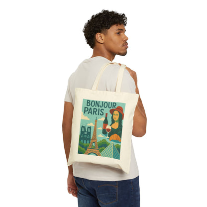 Bonjour Paris Tote Bag, Eco-Friendly Cotton Bag for Shopping, Travel, Gifts, Beach, and Everyday Use