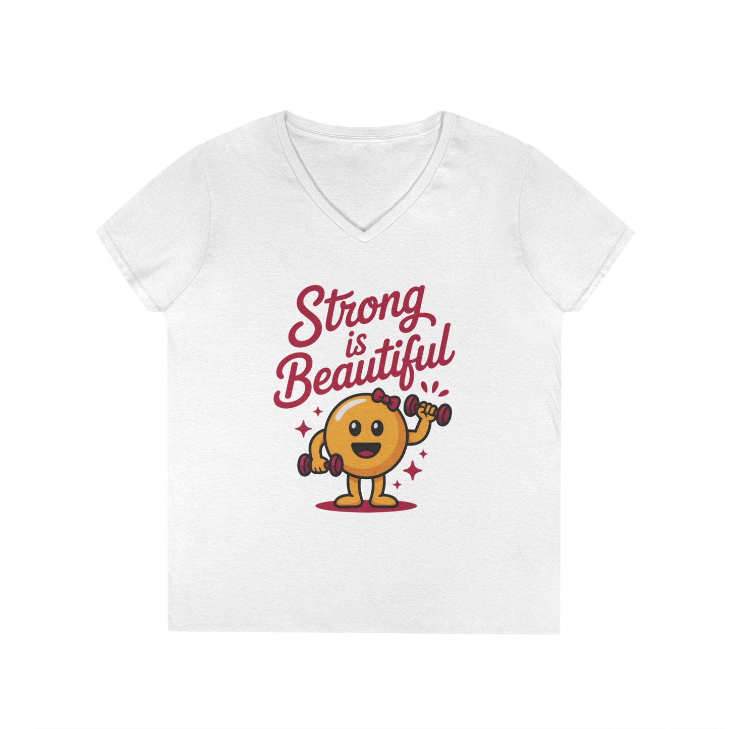 Ladies' V-Neck T-Shirt, Strong is Beautiful Womens Tee, Cute Fitness Character Tee, Inspirational Workout Shirt, Gym Motivation Gift for Her