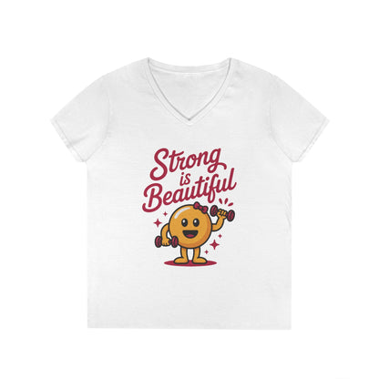 Ladies' V-Neck T-Shirt, Strong is Beautiful Womens Tee, Cute Fitness Character Tee, Inspirational Workout Shirt, Gym Motivation Gift for Her