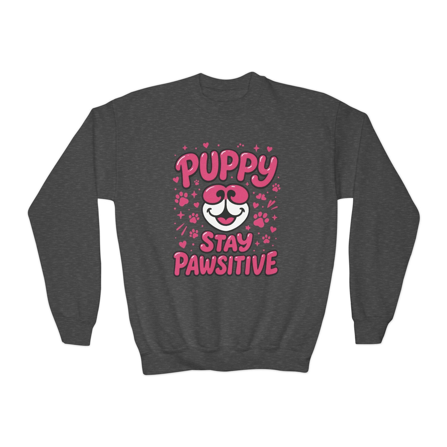 Youth Puppy Crewneck Sweatshirt - Stay Pawsitive Design, Cute Pet Apparel, Kids Sweatshirt, Animal Lover Gift, Cozy Winter Wear, Kids Gift