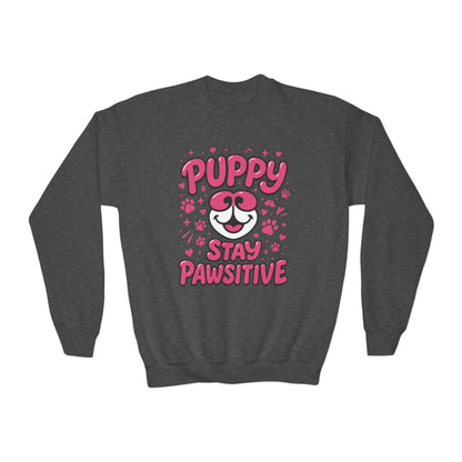 Youth Puppy Crewneck Sweatshirt - Stay Pawsitive Design, Cute Pet Apparel, Kids Sweatshirt, Animal Lover Gift, Cozy Winter Wear, Kids Gift