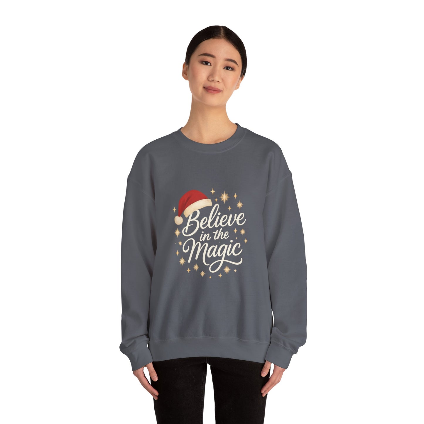 Believe in the Magic Women's Christmas Shirt, Santa Hat Holiday Cozy Sweatshirt, Women's Heavy Blend™ Crewneck Sweatshirt