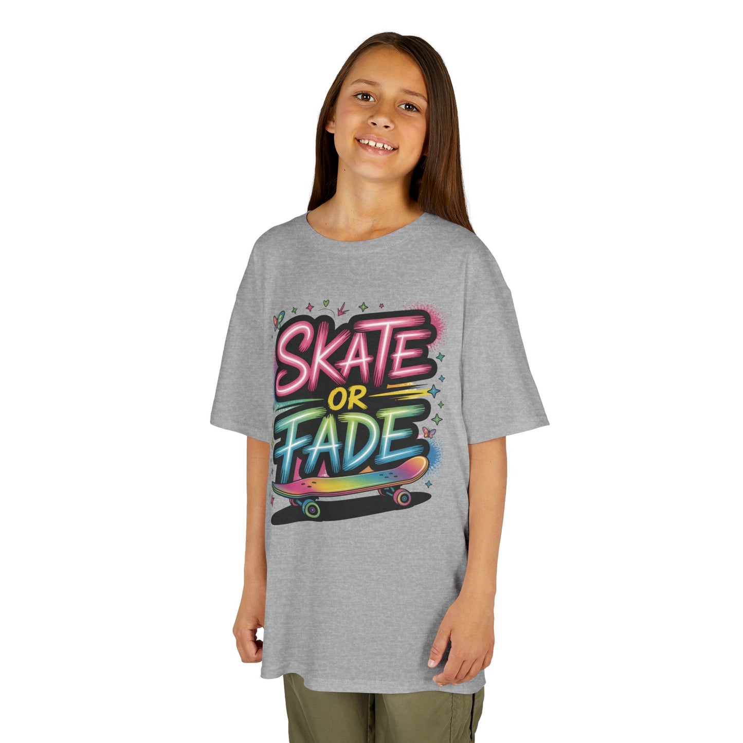 Skate Or Fade Girls Shirt, Colorful Graffiti Skateboarding Tee, Kids Heavy Cotton™ Tee