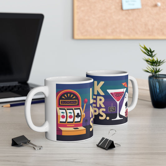 LUCK NEVER SLEEPS Mug, Retro Vegas Slot Machine Coffee Cup, Casino Gift, Gambling Lover Gift Idea, Perfect for Gamers, Poker Nights
