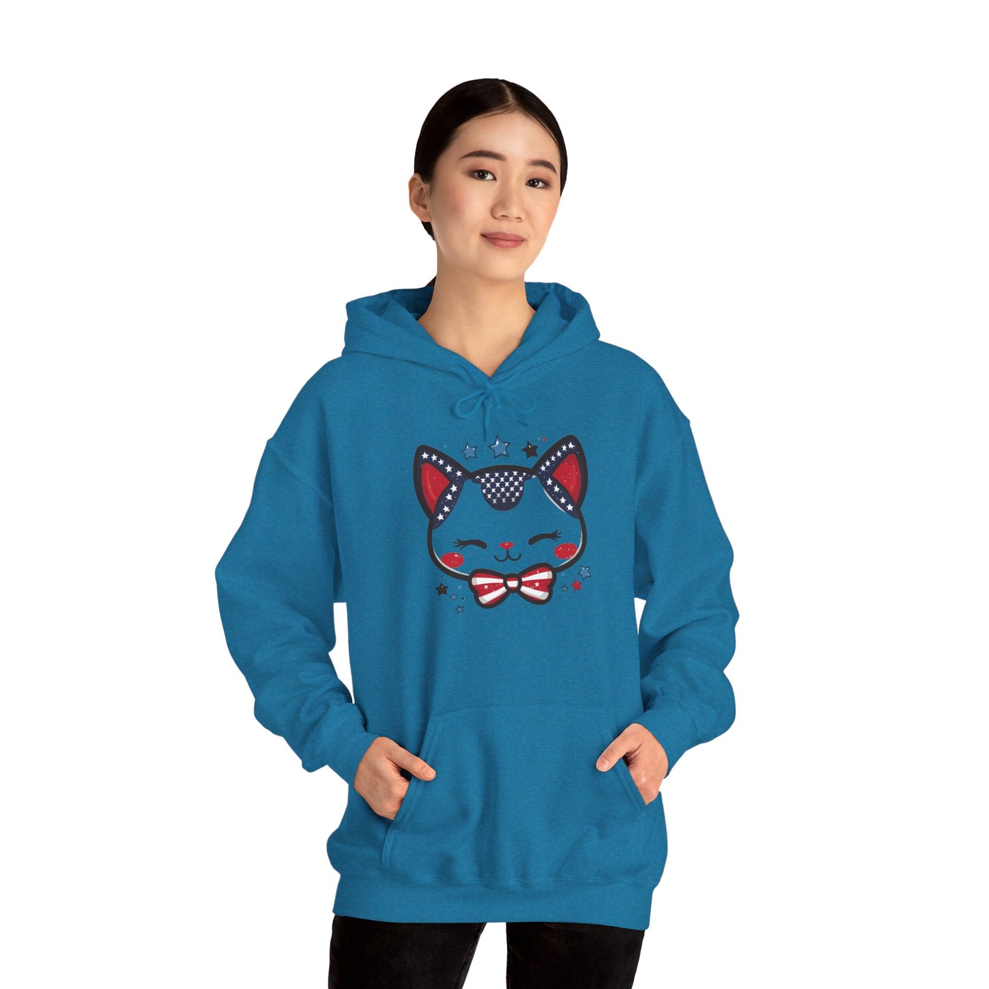 Cute Patriotic Cat -Themed Women's Hoodie, for Cat Lovers, Cute Gift for Pet Owners, Cozy Sweatshirt for All Seasons, Fourth of July Hoodie