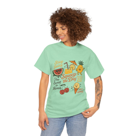 Cute Fruit Pun T-Shirt for Women, Summer Graphic Tee, Kawaii Watermelon Pineapple Ice Cream Design, Squeeze the Day Shirt, Stay Juicy Top
