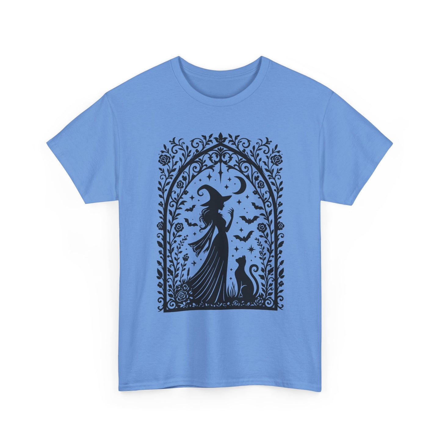 Gothic Witch & Cat Women's T-Shirt, Elegant Halloween Moon Silhouette Witchy Graphic Tee