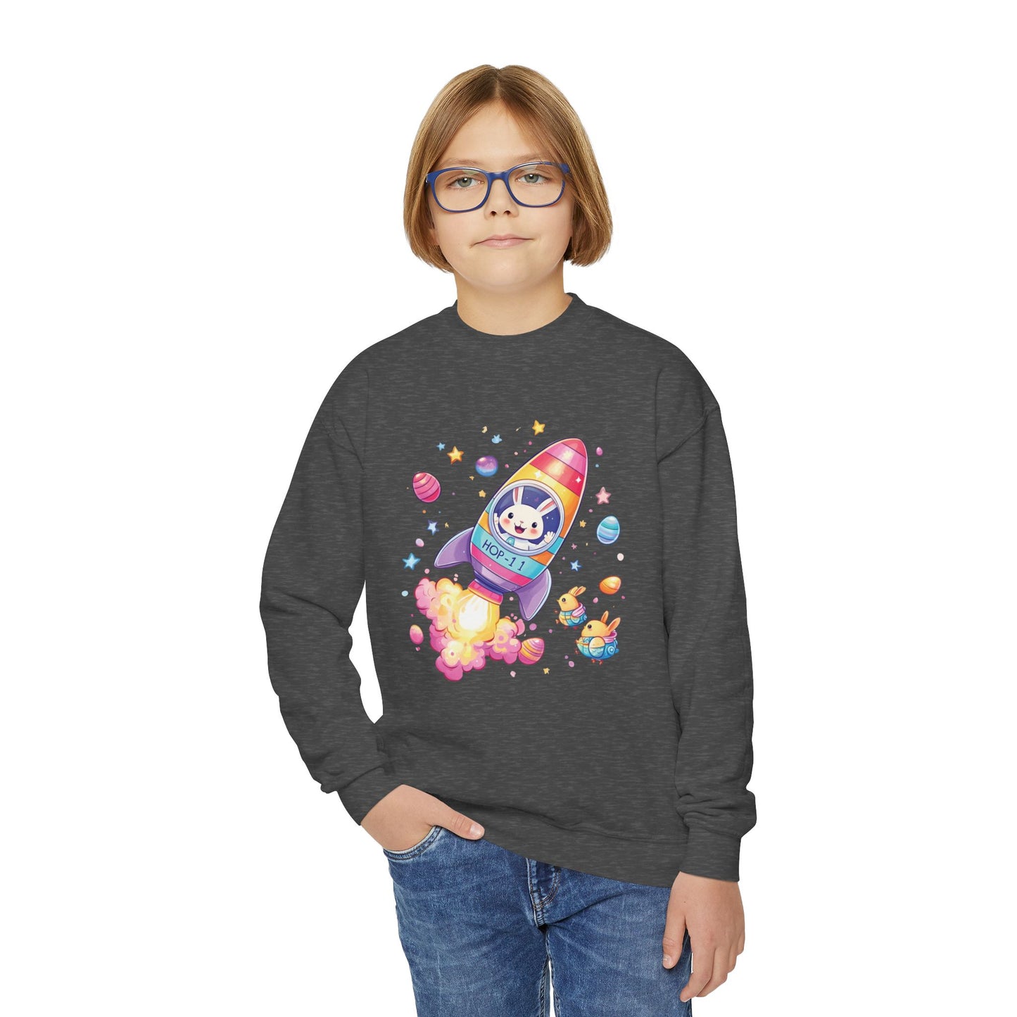 Astronaut Easter Bunny Youth Sweatshirt - Cute Rocket Bunny Design, Space Adventure Spring Shirt, Fun Holiday Gift for Kids