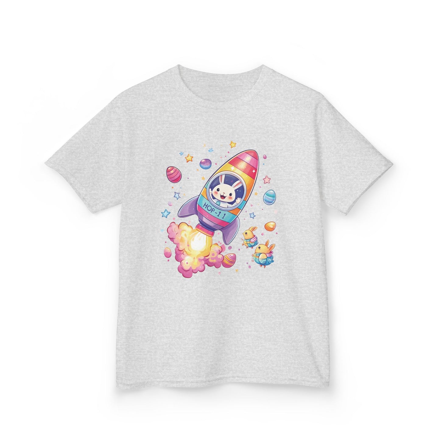 Easter Astronaut Bunny Kids T-Shirt - Cute Space Rocket Bunny with Colorful Eggs, Fun Spring Tee for Boys and Girls, Holiday Gift Idea