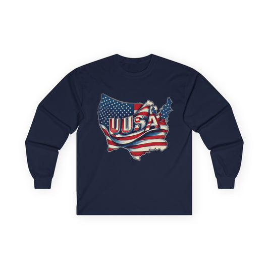 Patriotic Long Sleeve Tee, USA Flag Design, Unisex Cotton Shirt, Perfect for Independence Day, Gifts for Americans, Casual Wear
