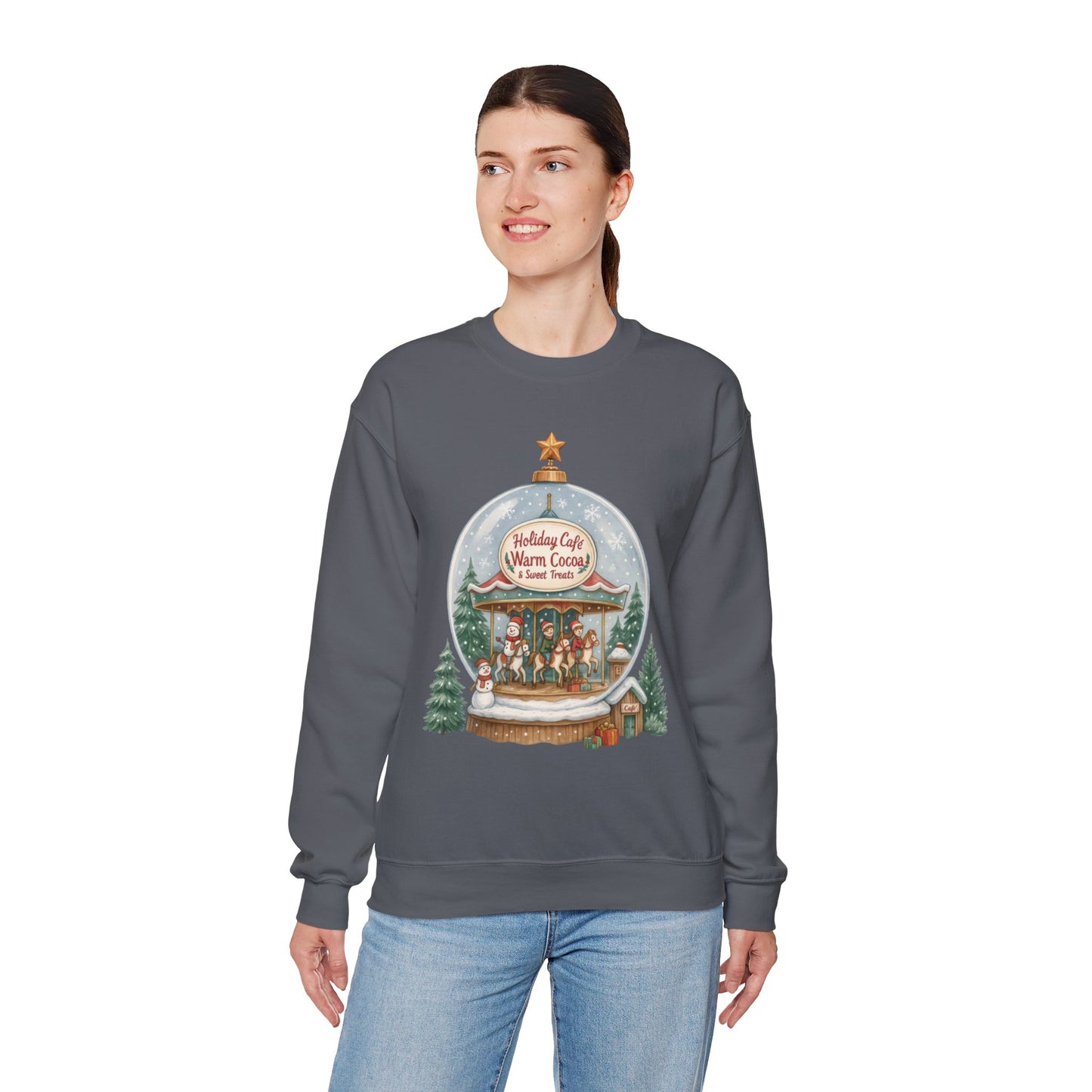 Holiday Café Christmas Sweatshirt, Warm Cocoa Snow Globe Pullover