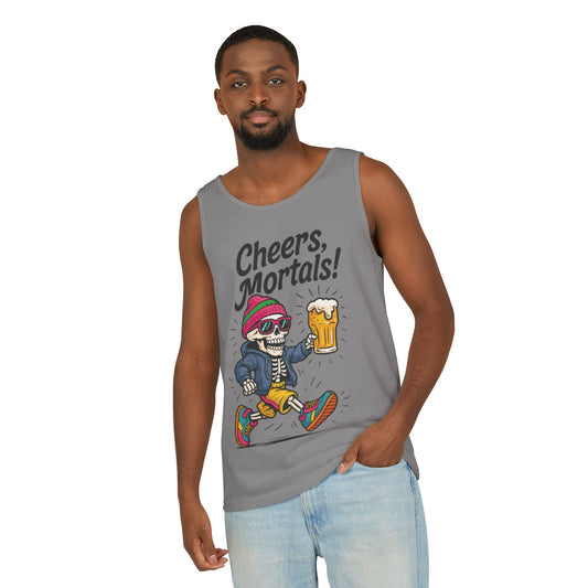 Cheers Mortals! Mens Tank Top, Funny Skeleton Beer Graphic Tee, Drinking Humor Shirt, Party Gift for Him, Halloween Tank,  Beer Lovers Gift