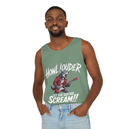 Howl Louder Wolf Tank Top, Mens Muscle Shirt, Rock Guitarist Graphic Sleeveless Tee, Wolf Workout Gym Tank, Music Lover Gift