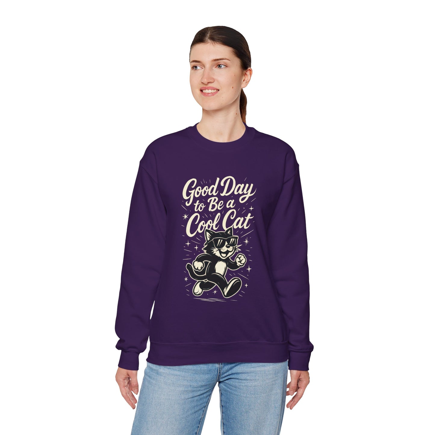 Funny Cool Cat Womens Crewneck Sweatshirt - Good Day to Be a Cool Cat Retro Kitty Pullover - Cute Cat Lover Sweater