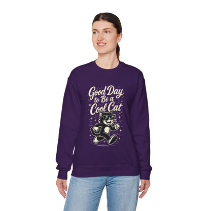Funny Cool Cat Womens Crewneck Sweatshirt - Good Day to Be a Cool Cat Retro Kitty Pullover - Cute Cat Lover Sweater