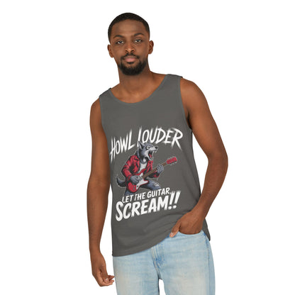 Howl Louder Wolf Tank Top, Mens Muscle Shirt, Rock Guitarist Graphic Sleeveless Tee, Wolf Workout Gym Tank, Music Lover Gift