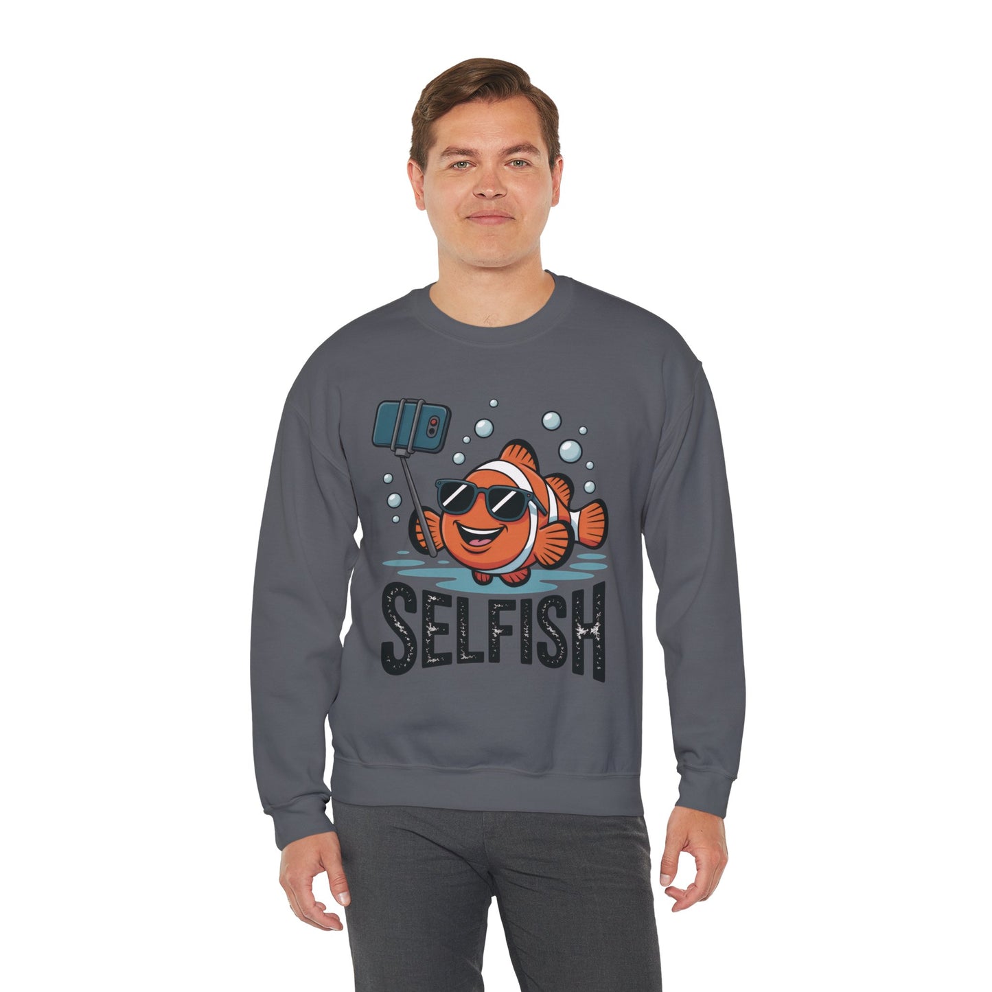 Unisex Heavy Blend™ Crewneck Sweatshirt, Mens Selfish Funny Fish Sweatshirt, Cute Selfie Pullover, Ocean Humor Top