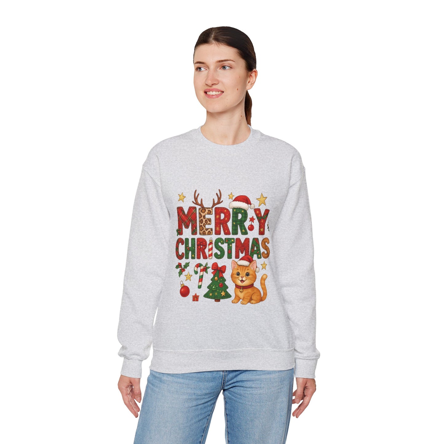 Women's Merry Christmas Cat Sweatshirt, Cozy Holiday Cat Lover Pullover, Women's Heavy Blend™ Crewneck Sweatshirt