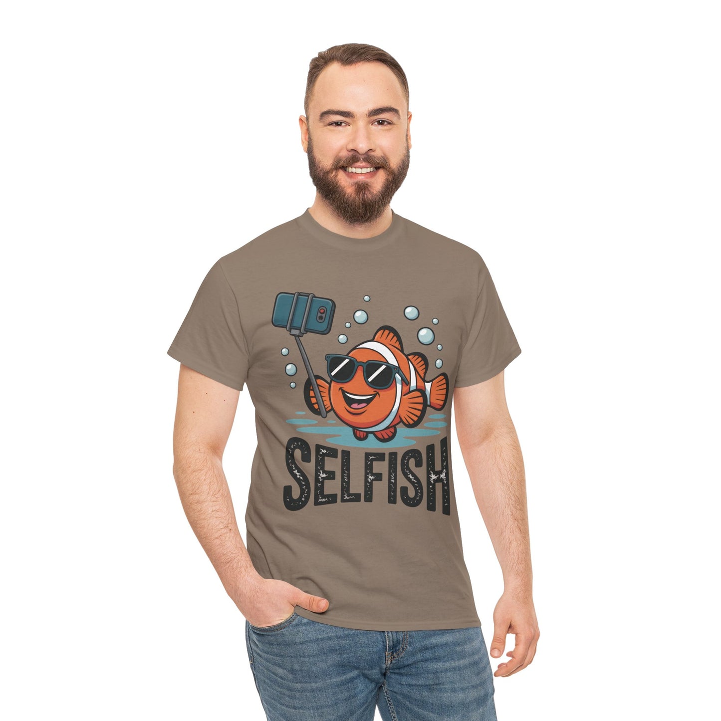 Unisex Heavy Cotton Tee, Mens Selfish Funny Fish T-Shirt, Cute Selfie Graphic Tee, Ocean Humor Shirt