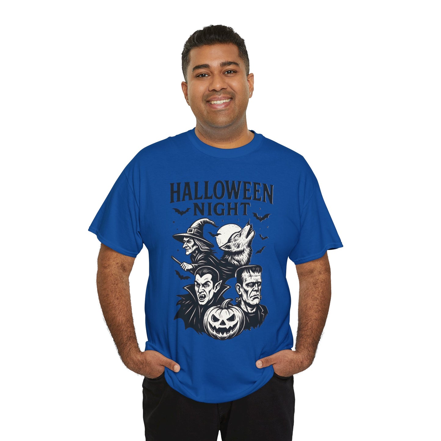 Halloween Night Men's T-Shirt, Classic Monsters Graphic Tee, Witch, Vampire, Frankenstein, Werewolf