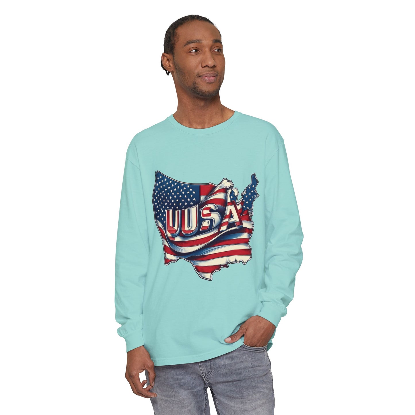 USA Flag Long Sleeve Tee, Unisex Garment-Dyed Shirt, Patriotic Top, All-American Apparel, Independence Day Style, Comfortable Casual Wear