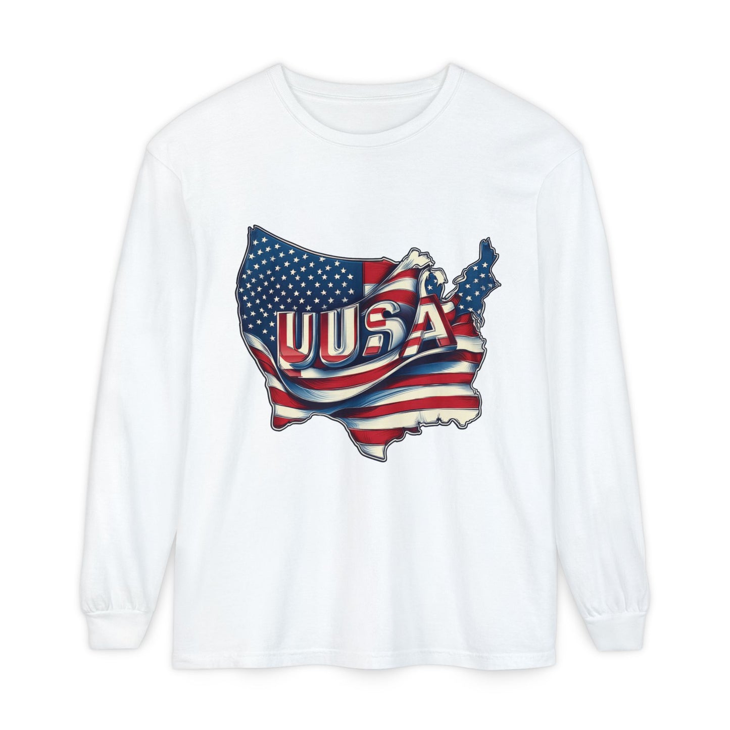USA Flag Long Sleeve Tee, Unisex Garment-Dyed Shirt, Patriotic Top, All-American Apparel, Independence Day Style, Comfortable Casual Wear