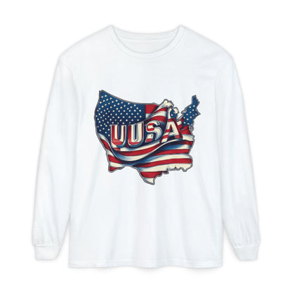 USA Flag Long Sleeve Tee, Unisex Garment-Dyed Shirt, Patriotic Top, All-American Apparel, Independence Day Style, Comfortable Casual Wear