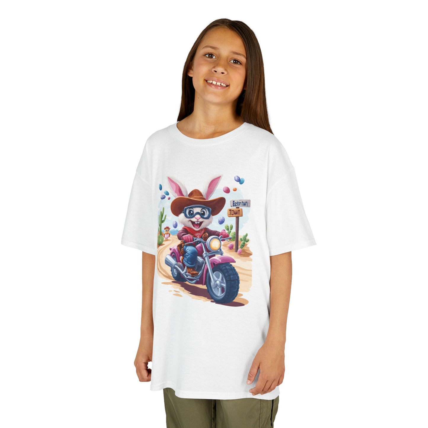 Biker Bunny Kids Tee - Fun Easter Shirt for Boys & Girls, Cute Spring Outfit with Motorcycle Rabbit Heavy Cotton Toddler T-Shirt Bunny Rider