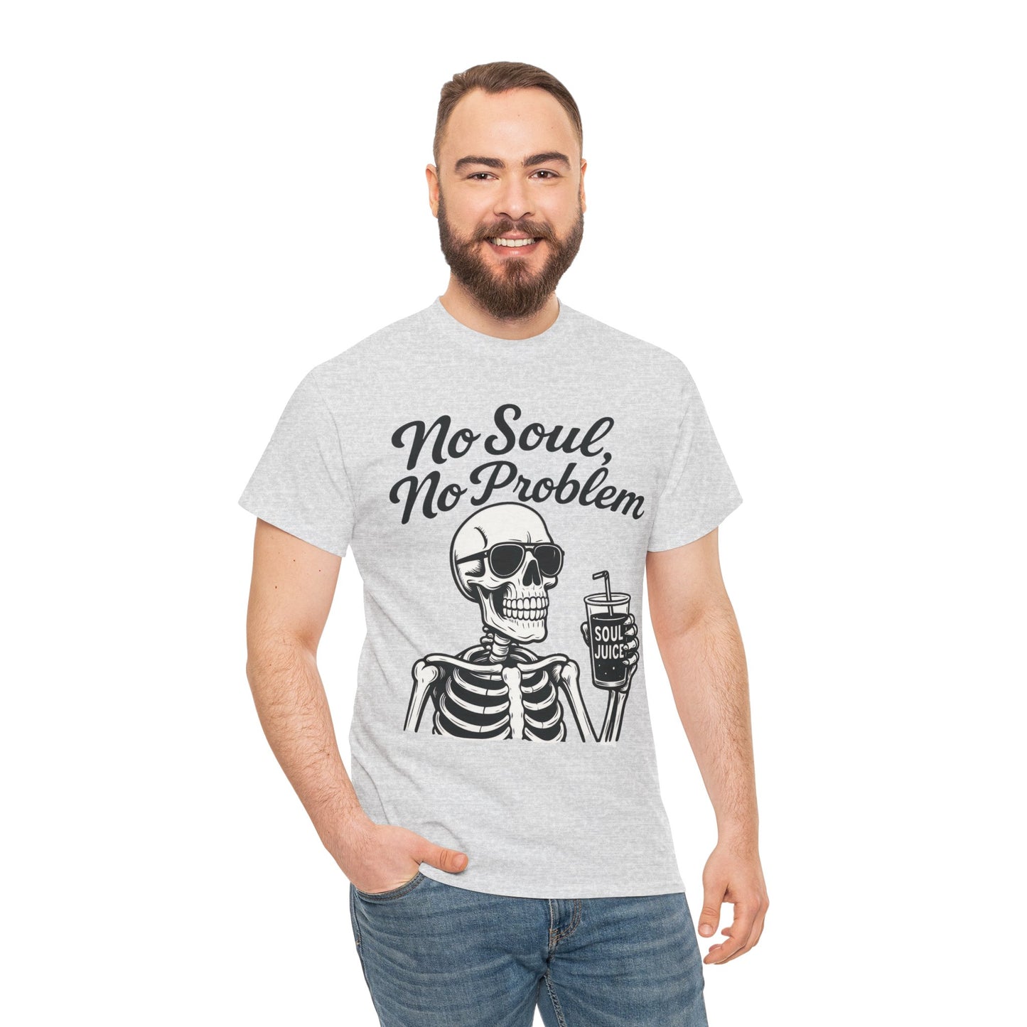 No Soul No Problem Skeleton T-Shirt for Men, Funny Gothic Skull Tee, Cool Spooky Halloween Shirt, Dark Humor Skeleton Graphic Top