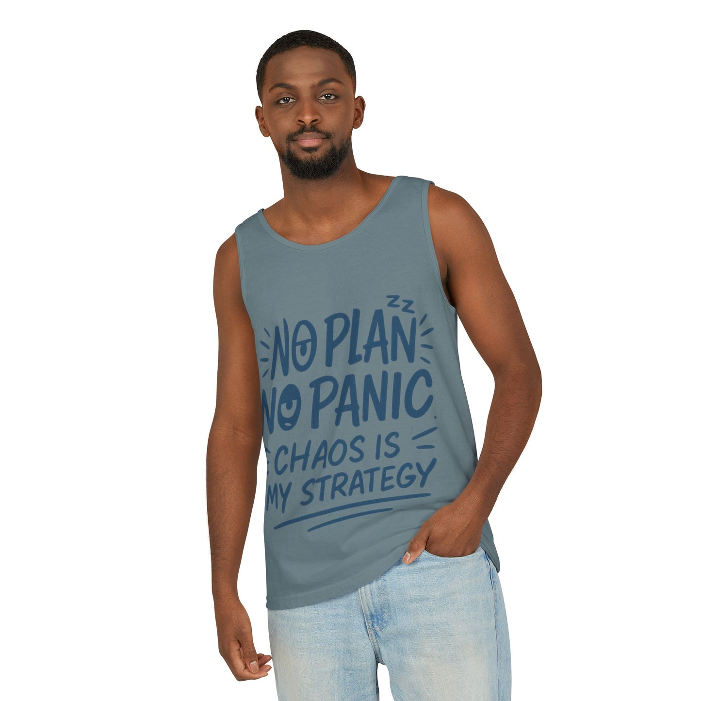 Funny Chaos Quote Mens Tank Top, No Plan No Panic Humor Shirt, Casual Graphic Tee Gift for Him, Relaxed Fit, Workout Gym Humor Shirt