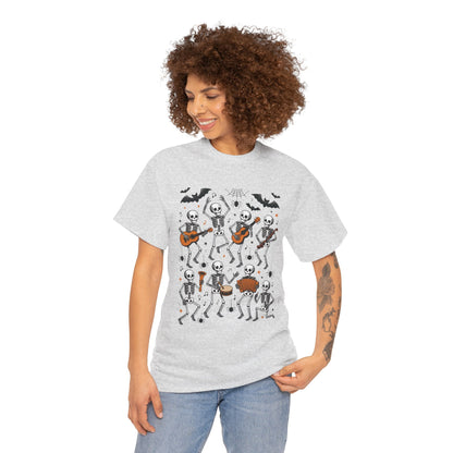 Dancing Skeleton Band Halloween T-Shirt for Women, Funny Spooky Music Tee, Cute Skeleton Party Shirt, Retro Halloween Top Gift Idea