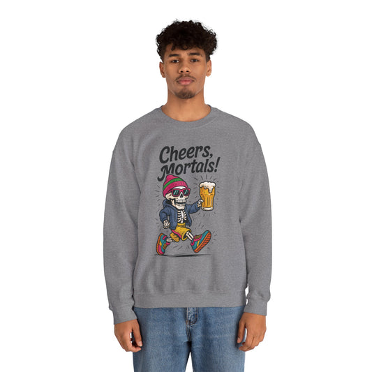 Cheers Mortals! Mens Crewneck Sweatshirt, Skeleton Beer Pullover with Hood, Drinking Humor Sweatshirt, Party Gift for Him, Halloween Apparel