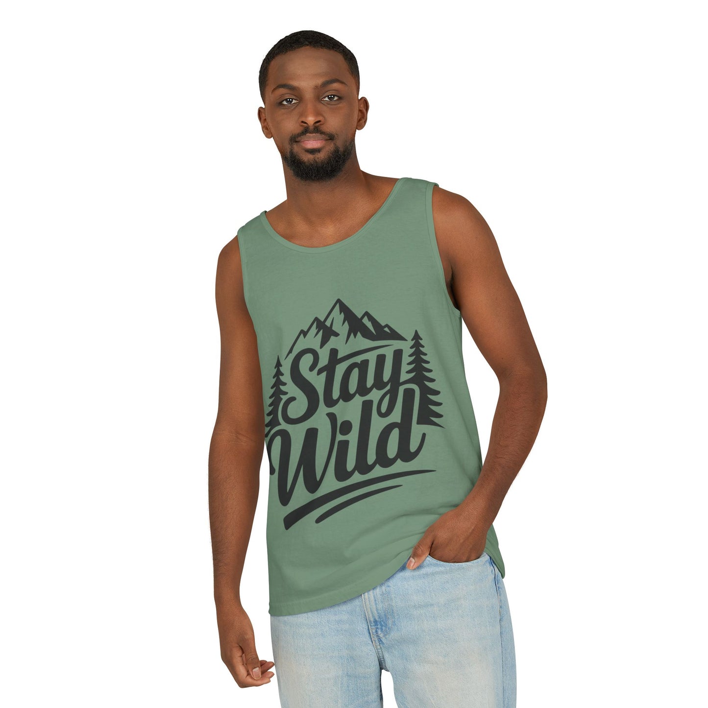 Stay Wild Garment-Dyed Mens Tank Top, Boho Summer Top, Adventure Shirt, Nature Lover Apparel, Gift for Hikers, Outdoor Clothing