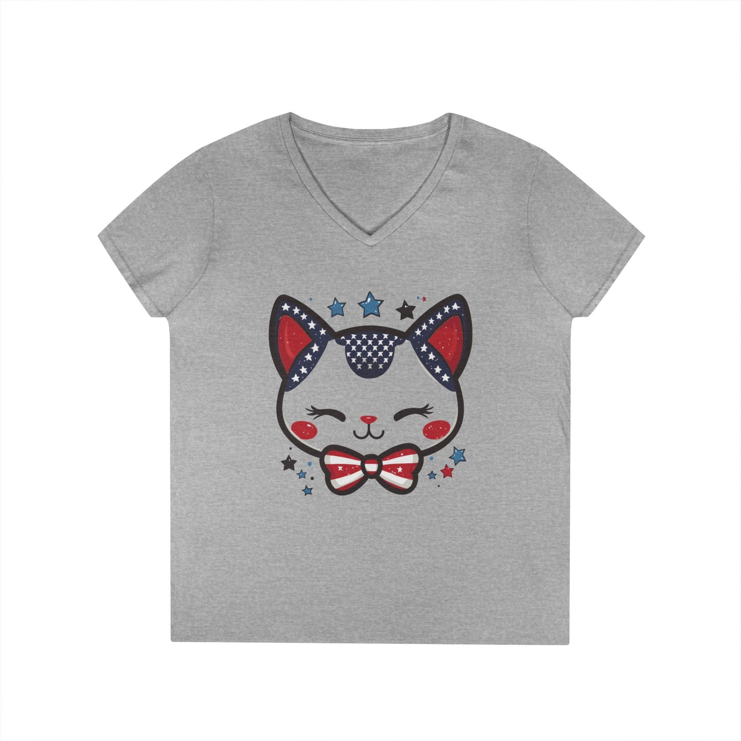 Cute Patriotic  V-Neck T-Shirt, Women's Graphic Tee, Perfect for Cat Lovers, Perfect for Holidays and Fourth of July Celebrations