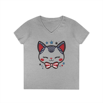 Cute Patriotic  V-Neck T-Shirt, Women's Graphic Tee, Perfect for Cat Lovers, Perfect for Holidays and Fourth of July Celebrations