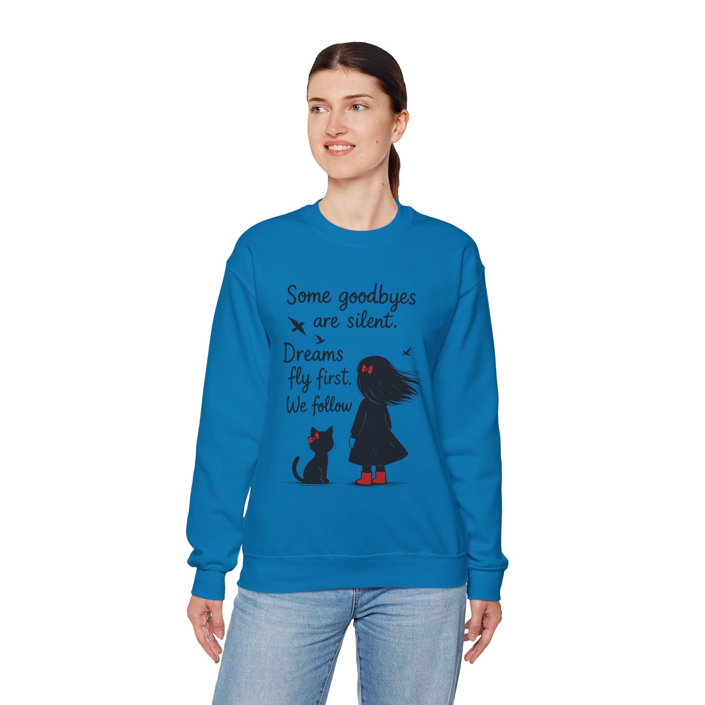 Cozy Farewell Girl & Cat Pullover, Hand Drawn Red Dress Art, Minimalist Womens Crewneck