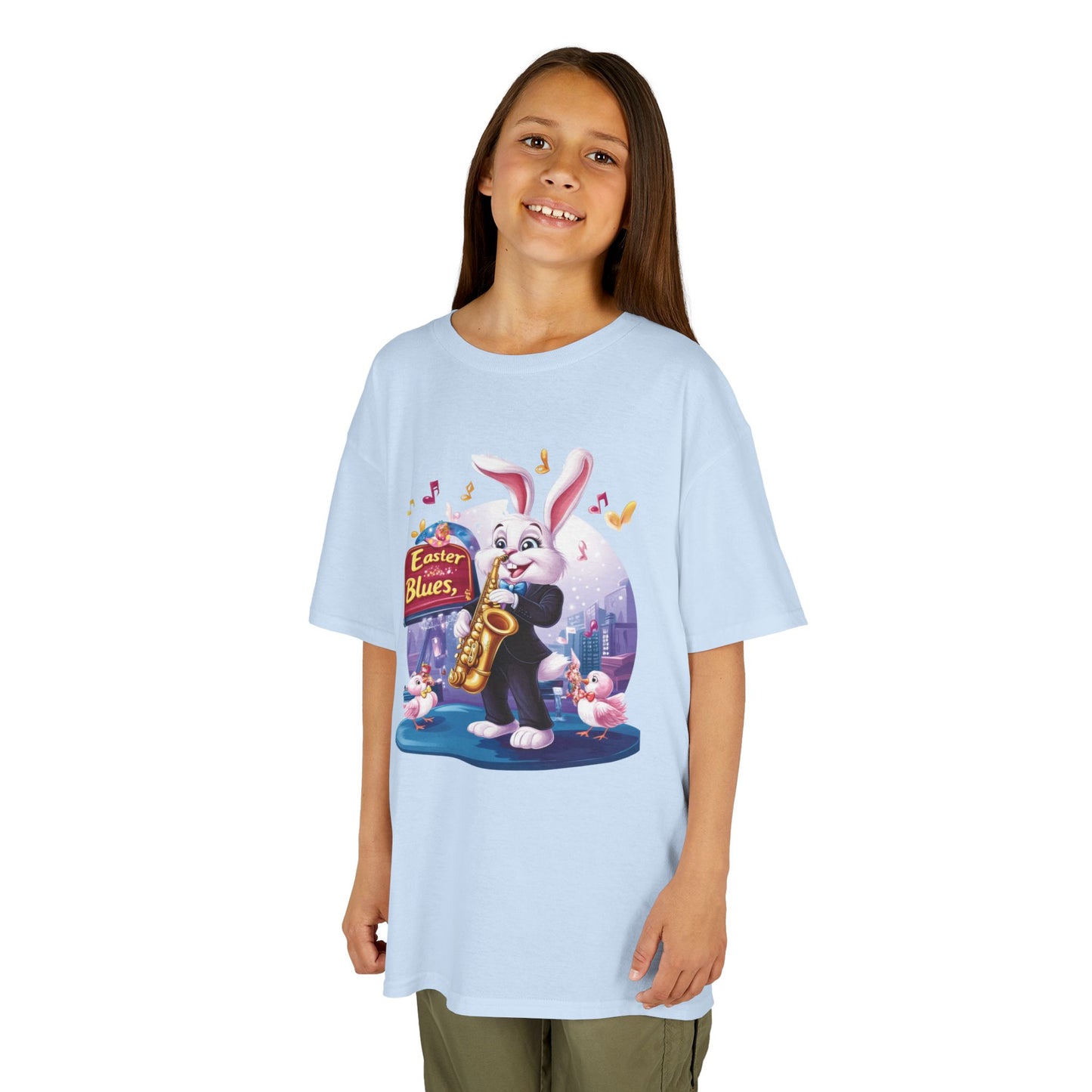Easter Blues Bunny Kids T-Shirt - Cute Jazz Music Themed Tee for Boys and Girls, Fun Spring Gift, Bunny Playing Saxophone Design