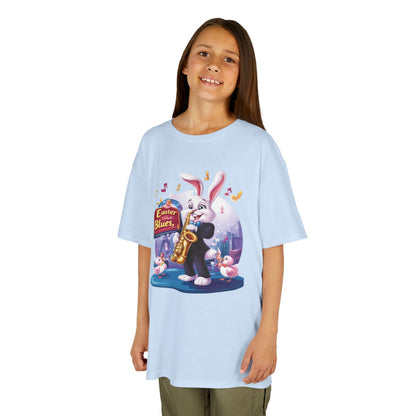 Easter Blues Bunny Kids T-Shirt - Cute Jazz Music Themed Tee for Boys and Girls, Fun Spring Gift, Bunny Playing Saxophone Design