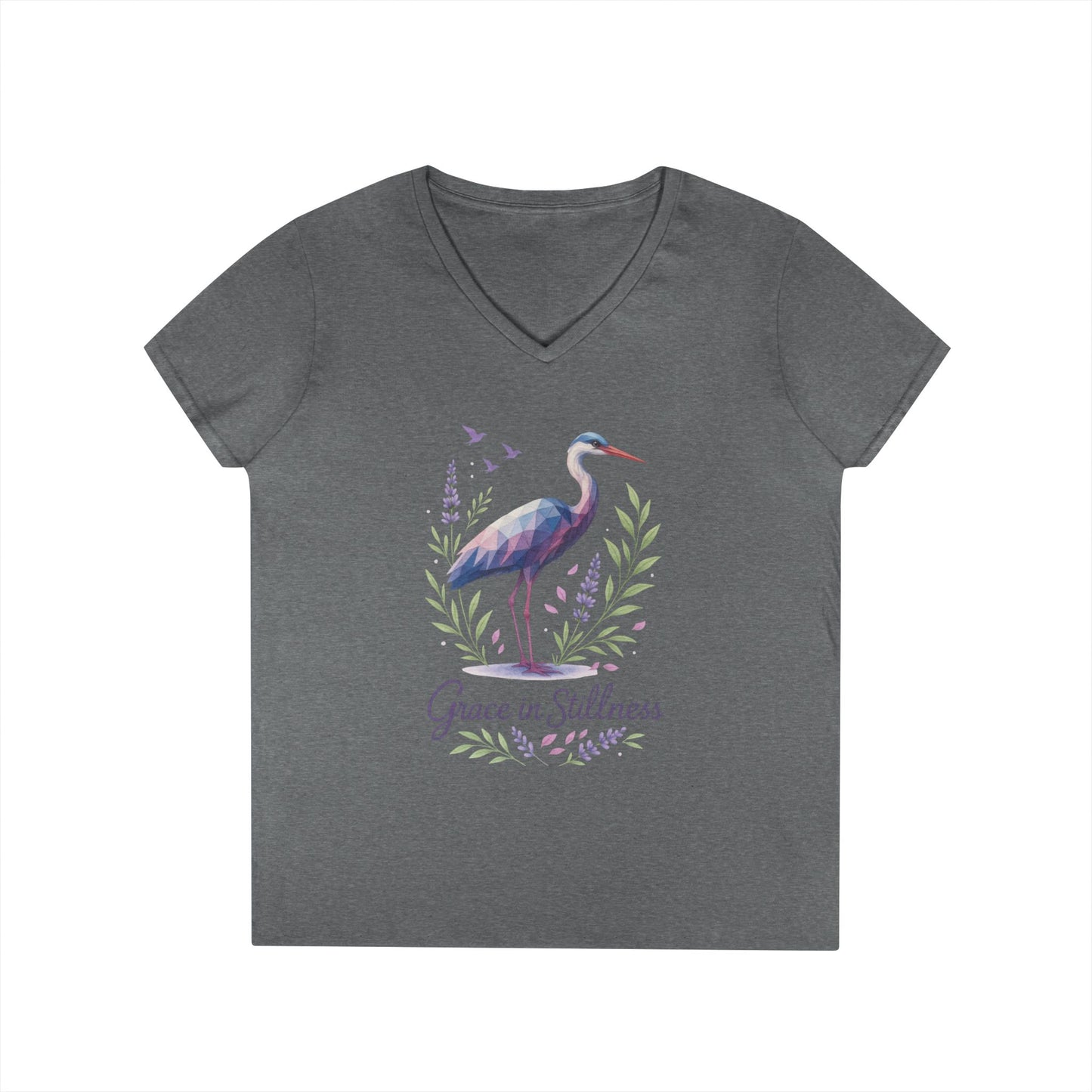 Ladies' V-Neck T-Shirt with Heron Design - Grace in Stillness, Relaxed Fit, Nature-Inspired Gift, Travel Tee, Summer Fashion