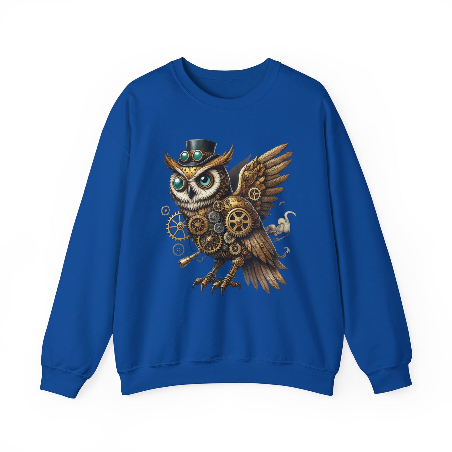 Steampunk Owl Unisex Crewneck Sweatshirt, Vintage Mechanical Gears Fantasy Bird Graphic Pullover, Gift for Owl Lovers