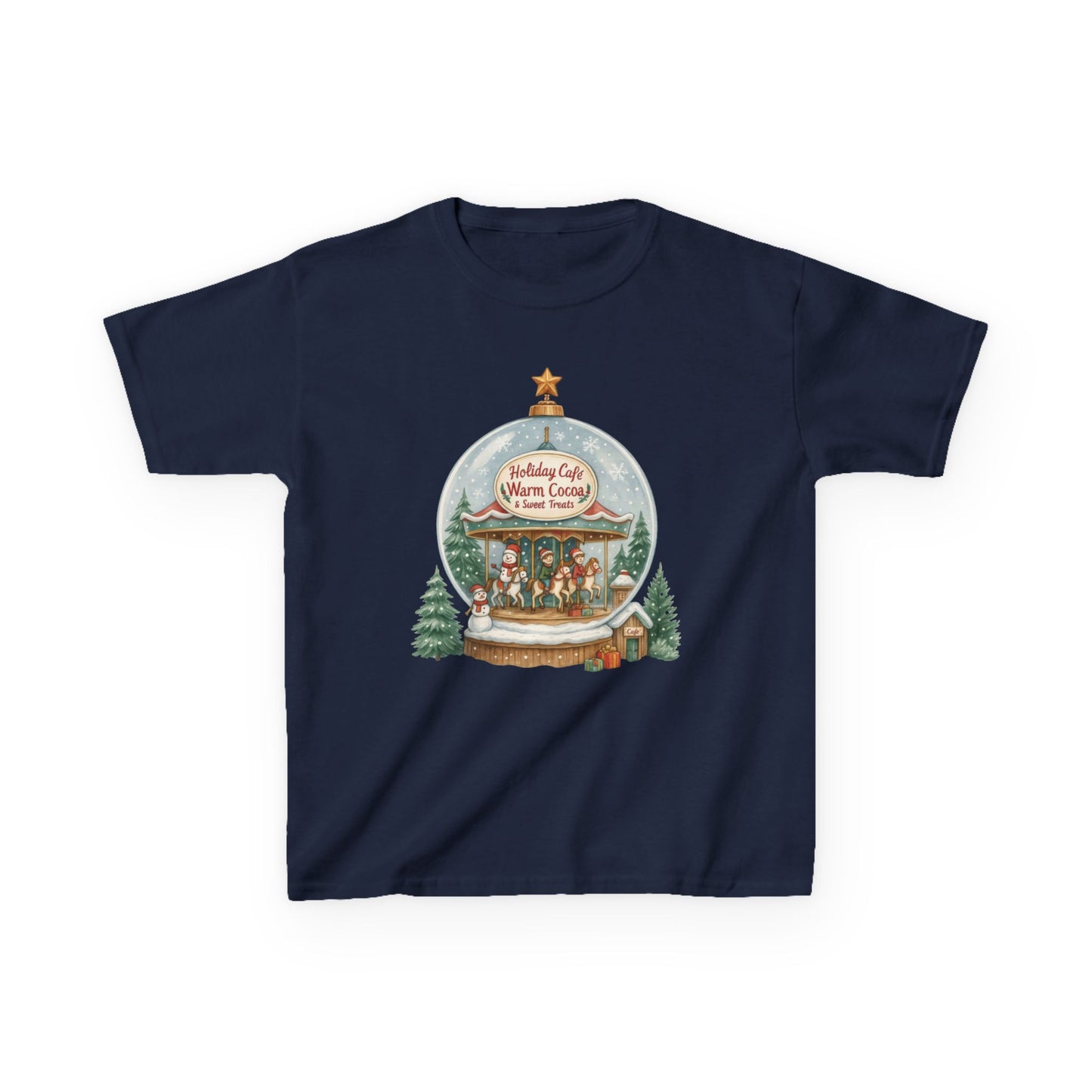 Youth Holiday Café Christmas T-Shirt, Warm Cocoa Carousel Kids Tee