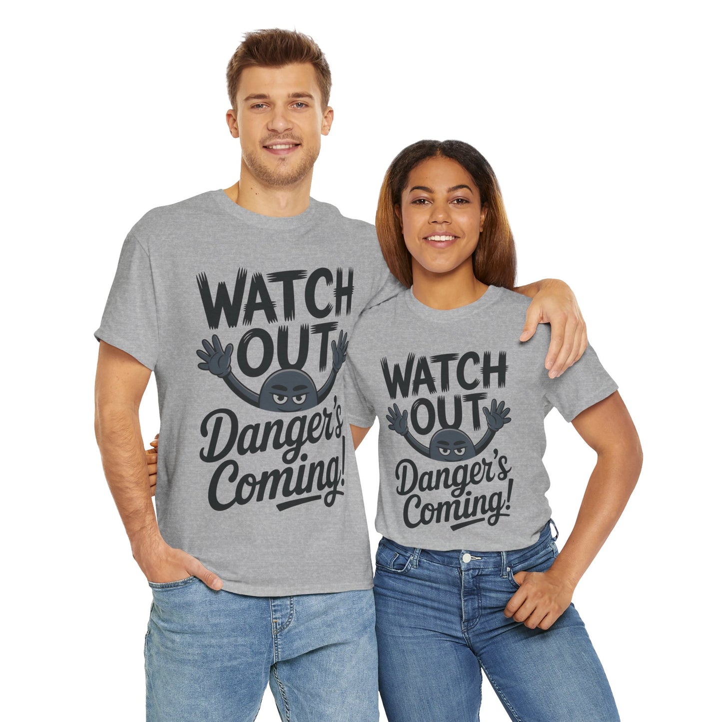 Funny "Watch Out" Cartoon Character T-Shirt, Sketch Style Unisex Heavy Cotton Tee, Minimalist Humorous Graphic Tee, Gift for Him/Her