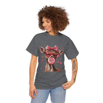 Cute Deer with Heart Glasses and Lollipop, Valentine's Day Heavy Cotton Tee, Fun Animal Love Shirt Gift for Her, Animal Lovers Shirt