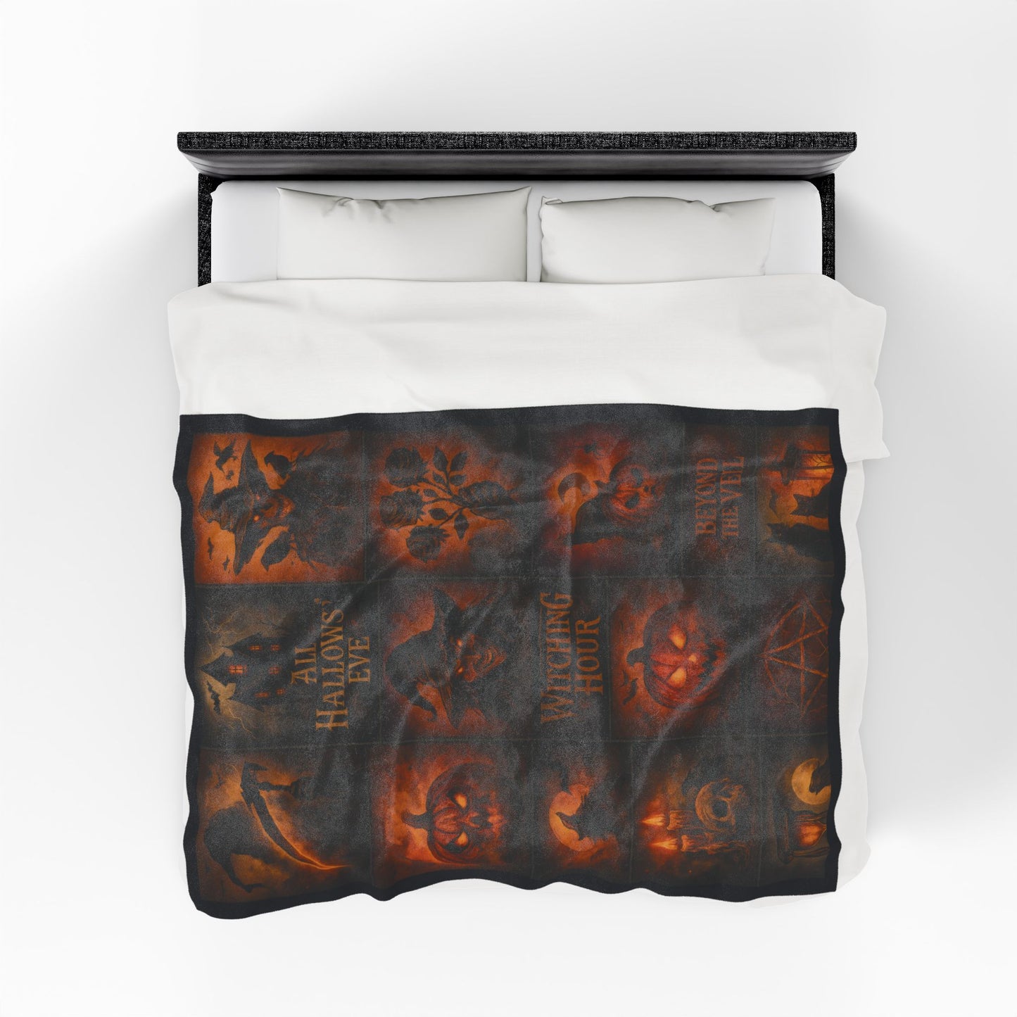 Gothic Halloween Velveteen Plush Blanket, Dark Fantasy Horror Throw, All Hallows Eve Witch Pumpkin Skull Blanket, Spooky Gothic Home Décor