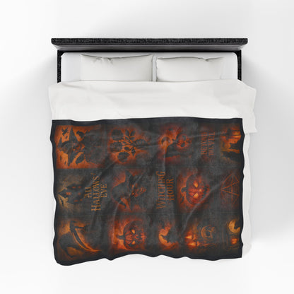 Gothic Halloween Velveteen Plush Blanket, Dark Fantasy Horror Throw, All Hallows Eve Witch Pumpkin Skull Blanket, Spooky Gothic Home Décor