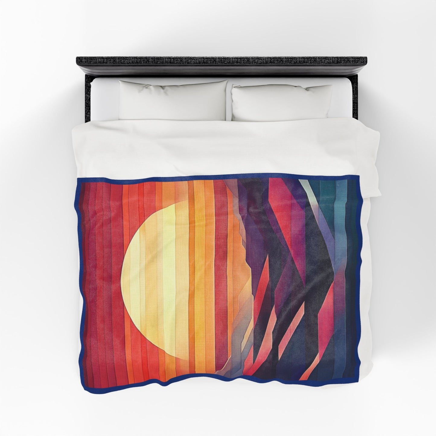 Abstract Sunset Mountain Velveteen Plush Blanket, Geometric Boho Landscape Throw Blanket, Warm Cozy Modern Art Home Decor Gift