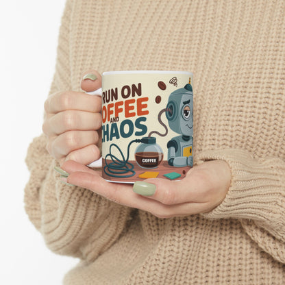 Funny Robot Coffee Mug, I Run on Coffee and Chaos, Tired Office Humor Cup, Lazy Tech Lover Gift, Gift for Coffee Lovers, Office Humor