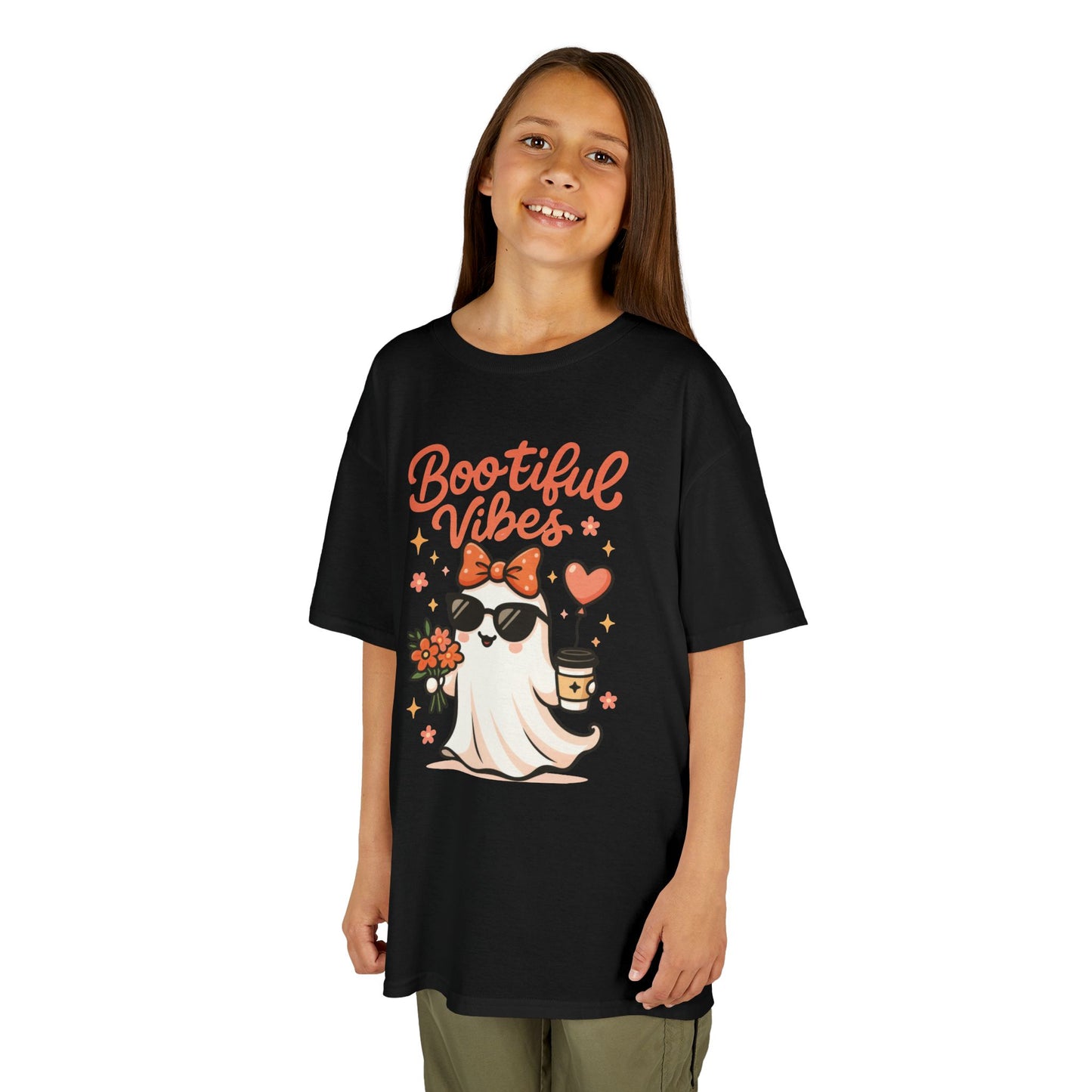 Girls Halloween Ghost T-Shirt, Cute Bootiful Vibes Tee for Kids, Fun Spooky Season Shirt, Tween Girl Outfit Gift, Kids Heavy Cotton™ Tee